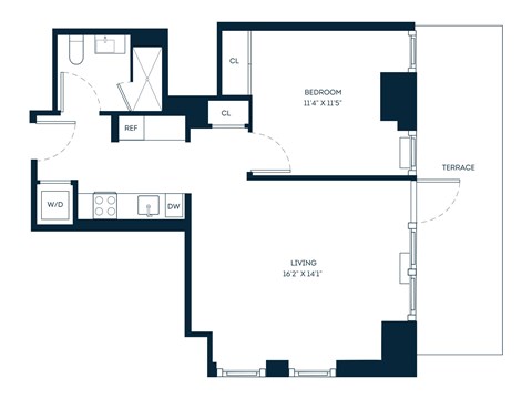 Floor plan for 1 bed, 1 bath, 668 sqft